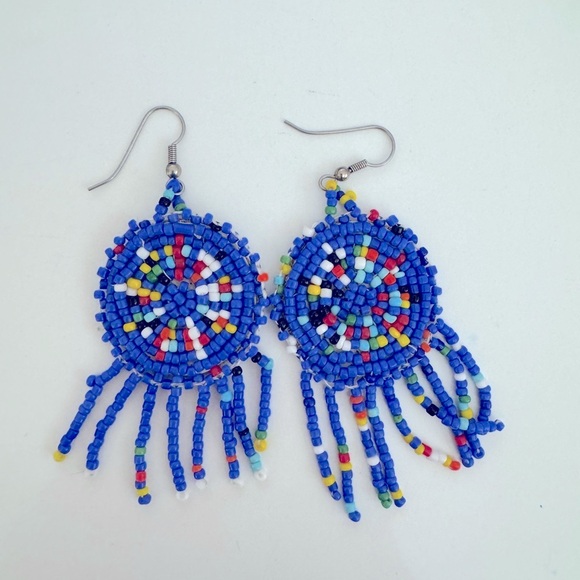 Boho Handmade Blue Beaded Chandelier Earrings Vintage - Picture 2 of 6
